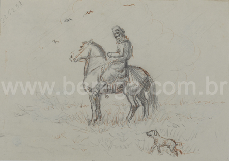 Desenho de gaúcho à cavalo com cão campereando - não datado